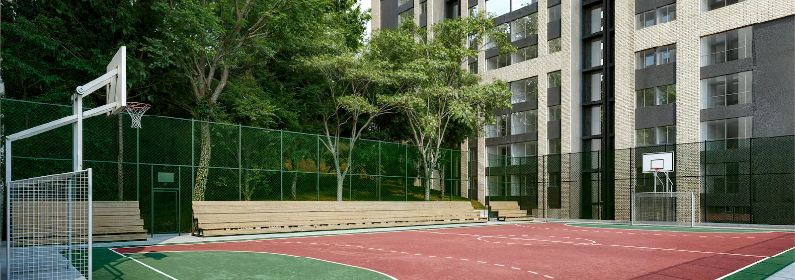 Cancha múltiple de baloncesto y fútbol en Macondo Molinos, apartamentos VIS en Bogotá con club house y zonas deportivas.