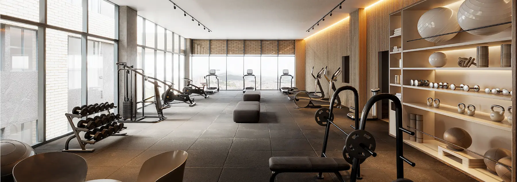 Gimnasio totalmente equipado en Macondo Molinos, apartamentos VIS en Bogotá con club house y zonas deportivas.