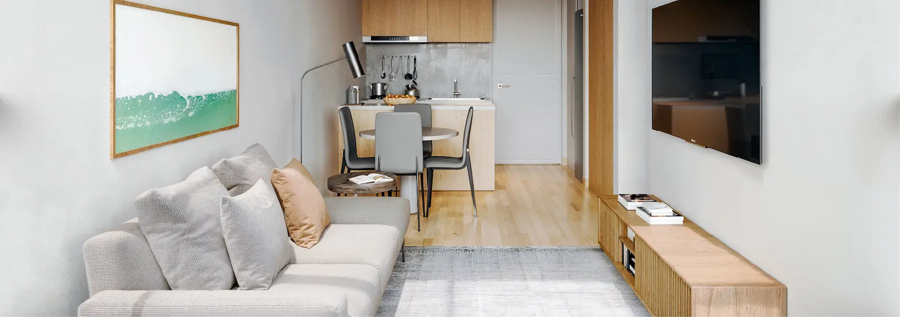 Sala-comedor de Macondo Molinos, proyecto VIS en Bogotá con apartamentos de 2 y 3 habitaciones y club house.